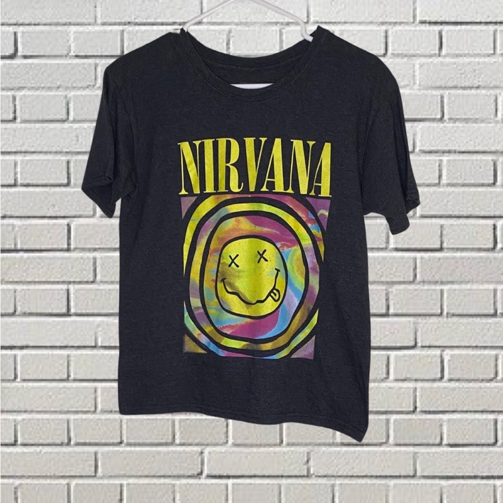 Nirvana T-Shirt Size Small black Tie-Dye Logo Smiley Face Logo Grunge‎ Rock